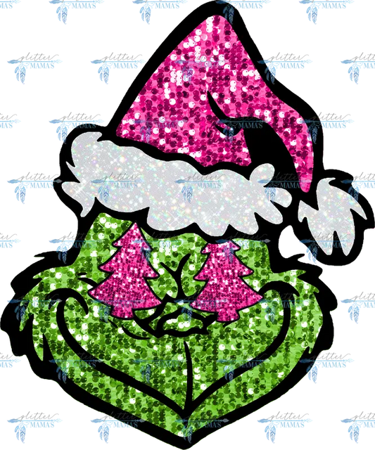 Grinch Head with Pink Hat and Trees